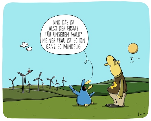 Cartoon: Ersatz (medium) by SCHÖN BLÖD tagged thomas,luft,cartoonalarm,wald,bäume,natur,umwelt,grüne,vögel,tiere,windkraft,windpark,windrad,thomas,luft,cartoonalarm,wald,bäume,natur,umwelt,grüne,vögel,tiere,windkraft,windpark,windrad