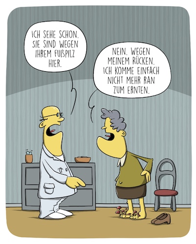 Cartoon: Fußpilz (medium) by SCHÖN BLÖD tagged fußpilz,pilze,arzt,doktor,rücken,banscheibenvorfall,ernte,fußpilz,pilze,arzt,doktor,rücken,banscheibenvorfall,ernte