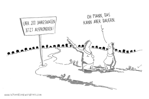 Cartoon: Jahreswagen (medium) by SCHÖN BLÖD tagged schön,blöd,schoen,bloed,thomas,luft,cartoon,humor,comic,spaß,lustig,freude,lachen,comedy,lacher,brüller,zeichnung,sprechblase,karikatur,auto,car,jahreswagen,gebrauchtwagen,mann,männer,verkäufer,autoverkäufer,verkauf,autos,autohaus