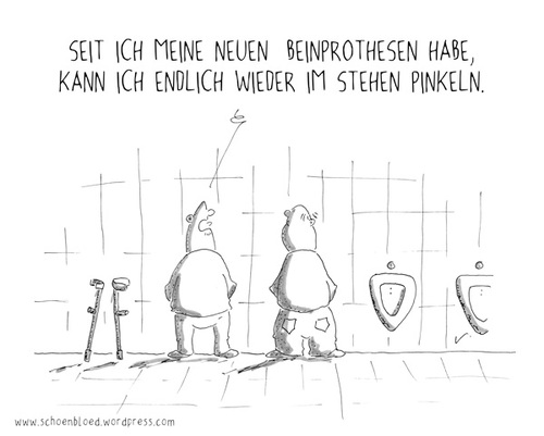 Cartoon: Pinkeln (medium) by SCHÖN BLÖD tagged schön,blöd,schoen,bloed,thomas,luft,cartoon,humor,comic,spaß,lustig,freude,lachen,comedy,lacher,brüller,zeichnung,sprechblase,karikatur,männer,mann,klo,wc,toilette,prothesen,beine,pinkeln,stehen,krücken