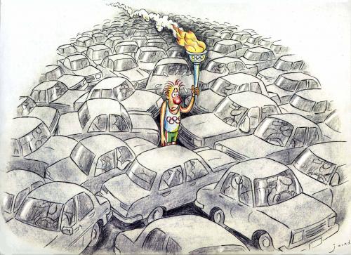 Cartoon: olympic in traffic (medium) by javad alizadeh tagged olympic,torch,traffic,sports