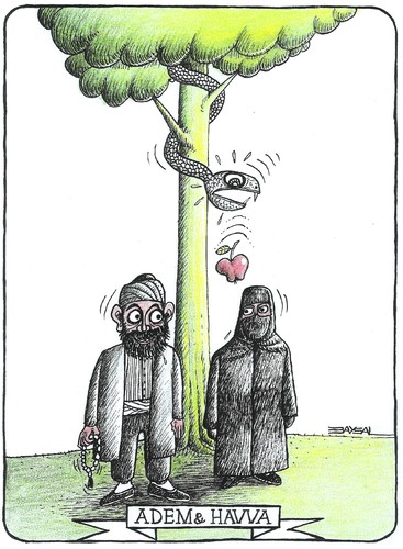 Cartoon: Adam and Eve (medium) by ercan baysal tagged picture,fantasy,daydream,word,idea,kadn,ercanbaysal,talent,tale,myt,man,tree,snake,apple,eve,adam,image,figure,vision,erkek,woman,türkiye,turkey