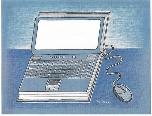 Cartoon: book and computer (medium) by ercan baysal tagged bilgisayar,communication,netbook,hardware,software,network,laptop,twitter,facebook,com,web,www,link,digital,kitap,tv,man,culture,television,book,ercanbaysal,internet,literature,chair,table,media,dream,humor,cartoon,pc,computer