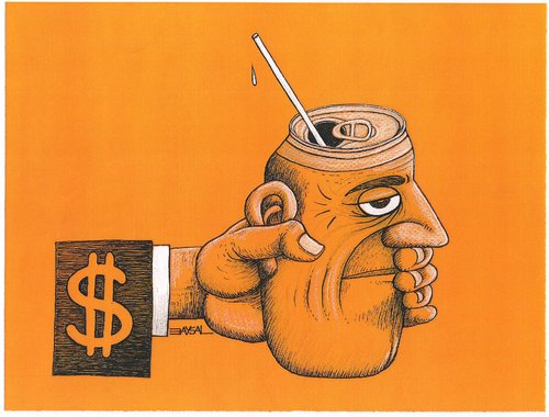 Cartoon: Capitalism (medium) by ercan baysal tagged pencil,create,master,figure,picture,vision,job,good,trade,lie,baysal,politics,man,hand,capitalism,draw,pipette,grotesk,humour,satire,dollar,ercanbaysal,colour,line,cartoon,coke