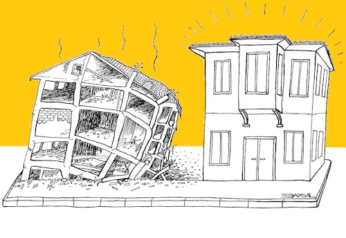 Cartoon: earthquake (medium) by ercan baysal tagged earthquake,house,apartment,quake,city