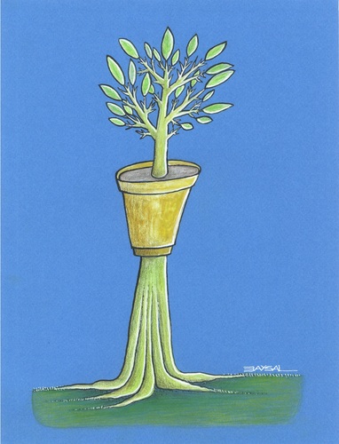Cartoon: Flowerpot and tree (medium) by ercan baysal tagged work,art,master,job,good,picture,vision,handmade,turkey,ercanbaysal,illustration,cartoon,flowerpot,tree,leaf,blue,green,nature,turkiye