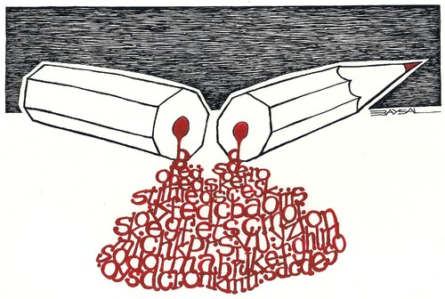 Cartoon: Freedom for journalist... (medium) by ercan baysal tagged turkey,türkiye,letter,literature,red,criminal,white,black,logo,blood,pen,ercanbaysal,handmade,nightmare,art,sketch,work,draw,journalist,freedom