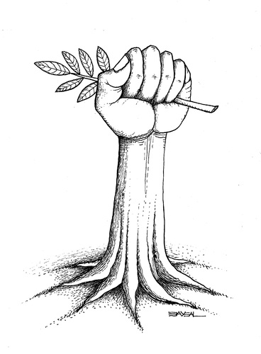 Cartoon: Green resistance (medium) by ercan baysal tagged hand,tree,root,resistance,green,turkiye,logo,fist,tshirt,draw,art,life,handmade,banner,poster,bill,idea,turkey,illustration,cartoon,ercanbaysal,leaf,wrist,resistant,line