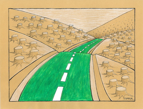 Cartoon: Green Way (medium) by ercan baysal tagged green,way,road,tree,forest,root,roots,cartoon,illustration,humour,satire,dream,daydream,vision,idea,picture,handmade,ercanbaysal,turkey,türkiye