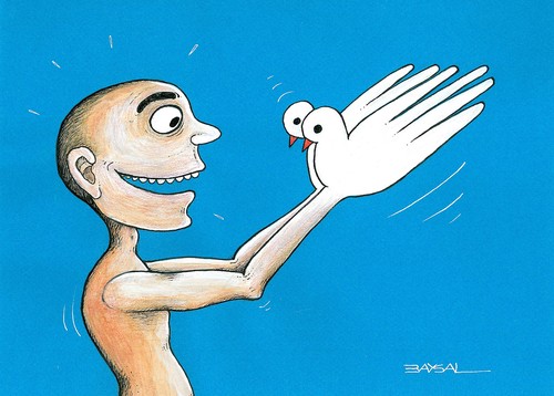 Cartoon: Hands and Pigeon (medium) by ercan baysal tagged picture,vision,bill,ooster,job,tag,work,good,opinion,joke,joy,child,blue,peace,pigeon,hand,image,form,coloring,pencil,create,art,tattoo,handmade,life,artwork,colour,türkiye,türkey