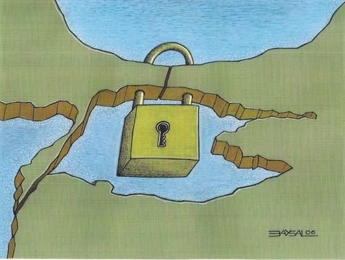 Cartoon: Lock (medium) by ercan baysal tagged baysal,ercan,ercanbaysal,sea,turguie,turkey,istanbul,bosphorus,absurd,artwork,art,handmade,türkiye,map,illustration,geography,stanbul