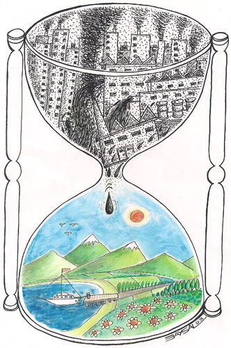 Cartoon: Nature (medium) by ercan baysal tagged hourglass,black,white,coloured,satire,art,work,draw,handmade,ecology,hour,cartoon,life,industry,death,ercanbaysal,humor,artgrafik
