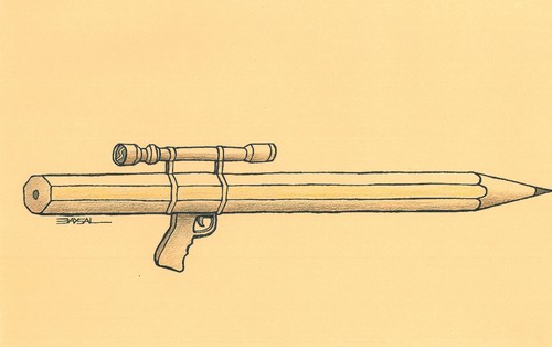 Cartoon: Pen and weapon (medium) by ercan baysal tagged binoculars,coloured,create,design,turkiye,turkey,ercanbaysal,humour,satire,artwork,handmade,illustration,life,death,dead,risk,magazine,picture,good,art,job,draw,newspaper,cartoon,weapon,pen,trigger,artist,shooter