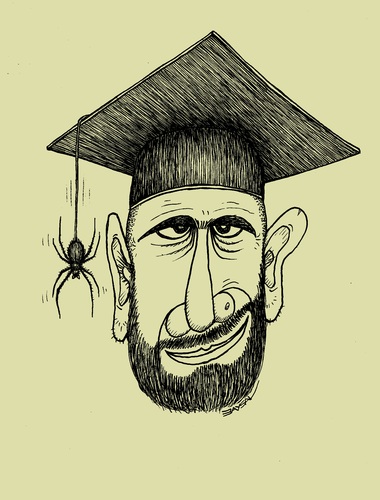 Cartoon: Teacher... (medium) by ercan baysal tagged politic,turkiye,turkey,ercanbaysal,spider,black,illustration,cartoon,ink,line,academic,bigot,untrained,educationalist,education,conservative,academy,faculty,university,grotesk,art,fhandmade,image,picture,draw,lie,nightmare,instructor,teacher,professor