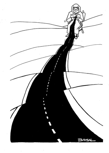 Cartoon: The Road (medium) by ercan baysal tagged patience,grafik,ercanbaysal,art,black,tags,white,yol,line,artist,design,dream,grandmother,asphalt
