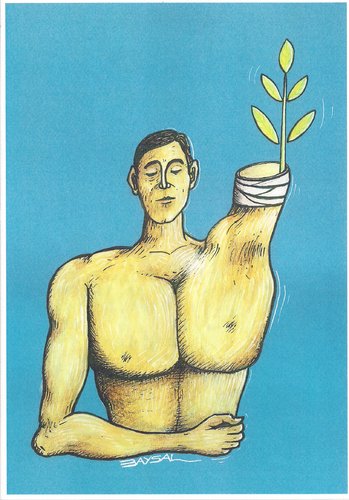 Cartoon: Sapling (medium) by ercan baysal tagged man,green,bandage,cut,body,ercanbaysal,absurd,grotesk,satire,humour,sportsman,life,resistance,artwork,work,art,handmade,turkey,türkiye,arm,sapling