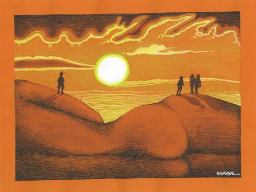 Cartoon: Sunset (medium) by ercan baysal tagged yellow,red,sea,sun,women,sunset,illustration,buttock,cloud,humour,hip,cartoon,work,artwork,art,master,coloring,pencil,paint,job,good,fineart,jobfine,vision,image,picture,daydream,dream,fantasy,surreal,earth,mother,summer,vivaldi,handmade,turkey,talent,man