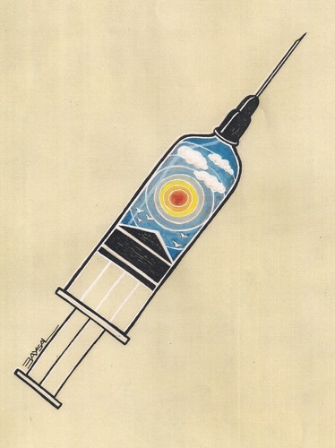 Cartoon: Syringe (medium) by ercan baysal tagged biology,tattoo,health,cloud,sun,ecology,work,artwork,art,handmade,turkey,türkiye,ercanbaysal,syringe,colour,medicine,cartoon,illustration