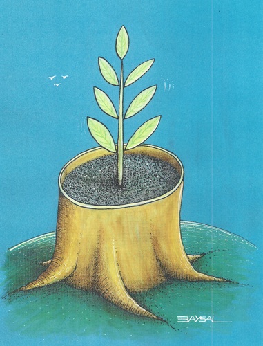 Cartoon: Rebirth (medium) by ercan baysal tagged earthen,herb,blue,coloured,artwork,work,art,handmade,satire,humor,artist,future,cartoon,leaf,tree,flowerpot,ilüstrasyon,baysal