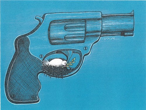 Cartoon: War and peace (medium) by ercan baysal tagged death,cartoons,ercanbaysal,ink,art,barrel,lead,silah,handle,satire,humour,tabanca,weapon,fear,pigeon,pistol,peace