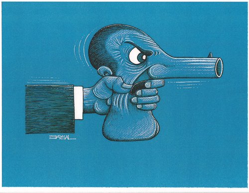 Cartoon: weapon and man (medium) by ercan baysal tagged fear,eye,portrait,man,ercanbaysal,logo,grotesk,absurd,character,artwork,work,art,newspaper,magazine,favorite,greetngs,create,handmade,mann,ilustration,terror,pistol,blue,humor,cartoons