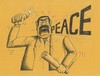 Cartoon: Warfare and peace (small) by ercan baysal tagged war,warfare,peace,peaceable,peaceful,lie,tag,word,cry,scream,good,job,vision,picture,image,face,form,create,pen,pencil,grotesk,wick,man,cudgel,fire,burning,damage,violence,cartoon,illustration,yellow,ercanbaysal,turkey,turkiye