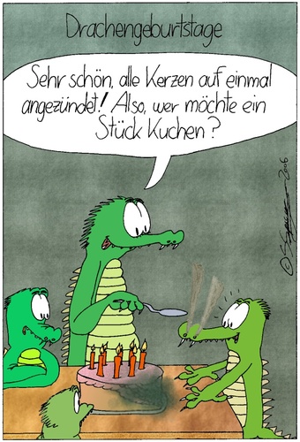 Cartoon: Drachengeburtstage (medium) by chaosartwork tagged drache,geburtstag,kuchen,torte,feuer,speien,flammen,kokeln,kinder,fantasy