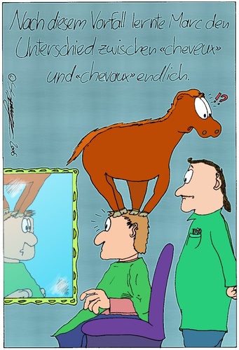 Cartoon: Französisch (medium) by chaosartwork tagged französisch,pferde,pony,haare,friseur,frisur,frisör,schneiden,spiegel,sprachen,barriere,sprachbarriere,salon,friseursalon,übersetzen,übersetzung