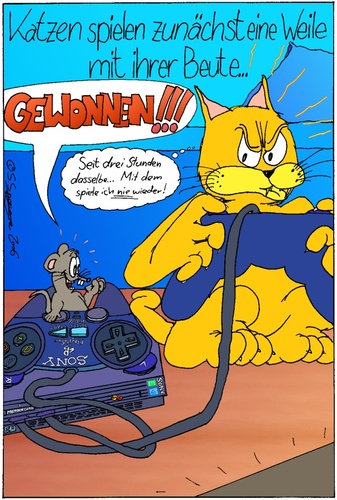 Cartoon: Katzen spielen mit ihrer Beute (medium) by chaosartwork tagged katze,kater,maus,sony,playstation,ps2,videospiel,videospiele,video,spiel,spiele,spielen,play,game,games,controller,konsole,console,zocker,zocken,gamer,gaming