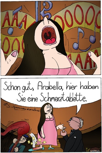 Cartoon: Opernsängerin (medium) by chaosartwork tagged oper,opern,gesang,sängerin,orchester,harfe,fuß,schmerz,tablette,schrei,frau,sopran,musik,auftritt,unfall,panne,konzert,stimme,umgefallen