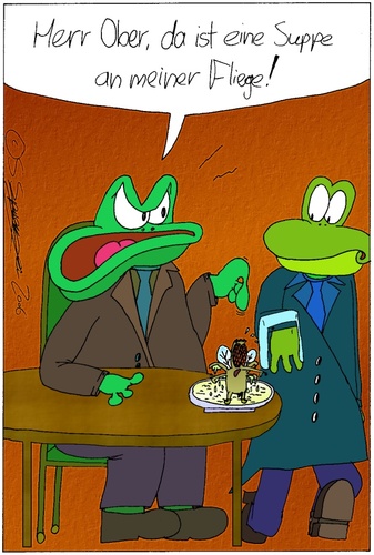 Cartoon: Suppe an der Fliege (medium) by chaosartwork tagged frosch,frösche,fliege,insekt,restaurant,lokal,ober,kellner,gast,speise,essen,suppe,witz,beschwerde