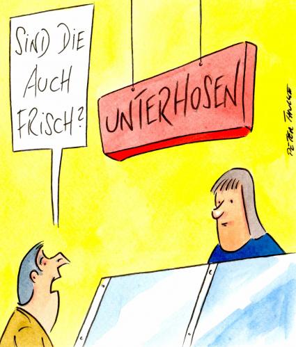 Cartoon: frisch (medium) by Peter Thulke tagged unterhosen,einkaufen,männer,unterhosen,theke,fleischtheke,metzgerei,metzger,fleisch,handel,verkauf,verkäuferin,kundschaft,kunde,einkaufen,kaufen,lebensmittel,ernährung,laden,supermarkt,unterhose,männer,kleidung,unterwäsche,slip,hygiene,frisch,alt,benutzt,second hand,gebraucht,nahrung,second,hand