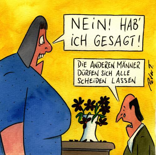 Cartoon: männer (medium) by Peter Thulke tagged ehe,männer,frauen,beziehung,partnerschaft,mann,frau,männer,ehemann,ehefrau,ehe,ehepaar,partner,frauen,dominanz,befehl,untertan,abhängigkeit,scheidung,trennung,erlaubnis,tyrann,dikator,angst,furcht,emanzipation,wut,kommunikation,alltag,verbale gewalt,unterdrückung,erniedrigung,verbale,gewalt