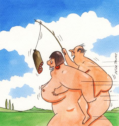 Cartoon: reiter (medium) by Peter Thulke tagged frau,mann,essen,wurst,mann,frau,beziehung,partnerschaft,liebe,spieltrieb,spiele,sexspiele,wurst,fleisch,köder,fettleibigkeit,fett,dick,übergewicht,gesundheit,ernährung,nahrung,lebensmittel,verbraucher,jagd,beute,hunger,nackt,nacktheit,reiten,triebe,ködern