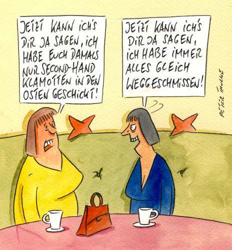 Cartoon: second hand (medium) by Peter Thulke tagged deutschland,cartoon,cartoons,frauen,frau,kaffeeklatsch,freundinnen,freunde,deutschland,second hand,ostern,westen,ossi,wessi,ost,west,kleidersammlung,klamotten,anziehsachen,wahrheit,geständnis,second,hand,gesellschaft