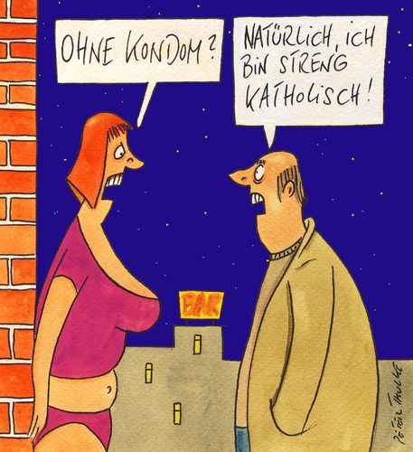 Cartoon: streng katholisch (medium) by Peter Thulke tagged kirche,kondom,bordell,kirche,kondom,sex,bordell,prostitution,glaube,religion,sakrileg
