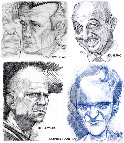 Cartoon: 4 Faces (medium) by Cartoons and Illustrations by Jim McDermott tagged brucewillis,wallywood,melblanc,quentintarantino,pulpfiction