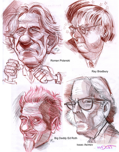 Cartoon: 4 People (medium) by Cartoons and Illustrations by Jim McDermott tagged pencildrawings,sketchbook,writers,isaacasimov,bigdaddyroth,raybradbury,sciencefiction,romanpolanski