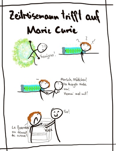 Cartoon: Zeitreisemann trifft auf Marie (medium) by hartabersair tagged zeitreise,marie,curie