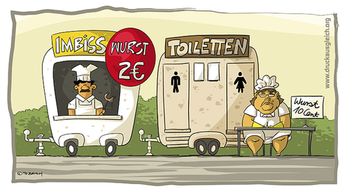 Cartoon: Wurst (medium) by tobra tagged wurstbude,bratwurst,wurst,toilette,wc,toilettenfrau,imbissbude,imbisswagen,imbiss