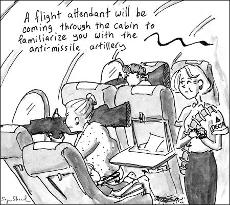 Cartoon: Unfriendly Skies (medium) by sstossel tagged flying,fears,stewardess,flight,attendant,safety,