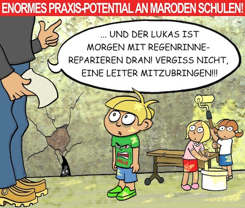 Cartoon: Marode Schulen (medium) by Michael Verhülsdonk tagged schule,schulbehörde,schüler,lehrer,stadtteilschule,marode,unterricht,praktikum,praxis,kinderarbeit,walldorfschule