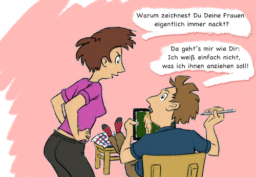 Cartoon: Was soll ich ihnen bloß anziehen (medium) by Michael Verhülsdonk tagged künstler,beziehung,eifersucht,nacktefrauen,aktzeichnen,aktzeichnung,beziehungsstress,streit