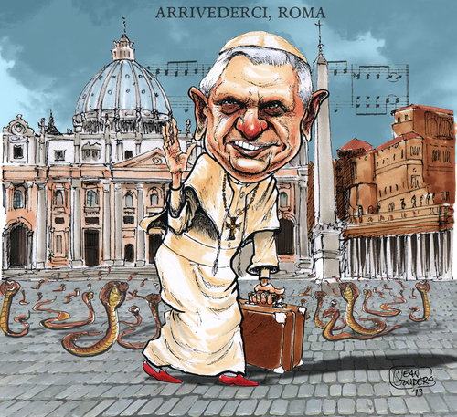 Cartoon: Leaving the snake pit. (medium) by jean gouders cartoons tagged pope,vatican,benedictus,xvi