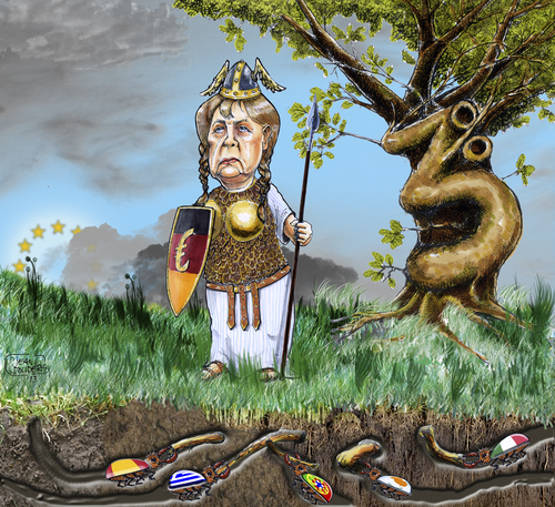 Cartoon: The holy oak under siege (medium) by jean gouders cartoons tagged euro,crisis,merkel