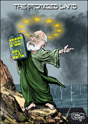 Cartoon: The promised land (medium) by jean gouders cartoons tagged eu,frans,timmermans,environment,green,deal,climate,change,eu,frans,timmermans,environment,green,deal,climate,change