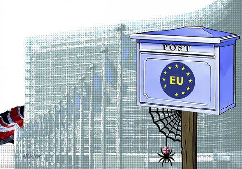 Cartoon: Warten auf den Abschiedsbrief... (medium) by Alf Miron tagged karikatur,austritt,großbritannien,brexit,zeitplan,kritik,eu,rassismus,fremdenfeindlichkeit,union,europäische,england,abschiedsbrief,farage,nigel,johnson,boris,merkel,juncker,cameron