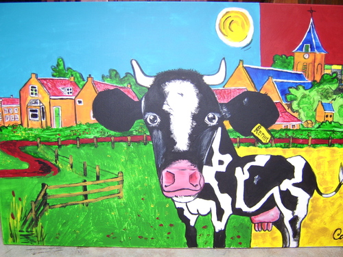 Cartoon: moderne koe bij het oude dorp (medium) by cornagel tagged dorp,koe,natuur,modern