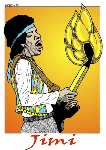 Cartoon: JIMI (medium) by srba tagged jimi,hendrix,music,isle,of,wight,burning,guitar