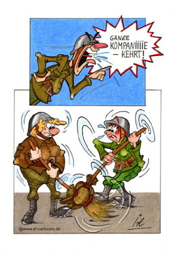 Cartoon: Arbeitseinsatz (medium) by irlcartoons tagged bundeswehr,militär,vorzeigeprojekt,befehl,kommandant,besen,kehren,wortwitz,irlcartoons,ausrüstung,einsatz,arbeitseinsatz,streitkräfte,verteidigung,dienstgrad,uniform